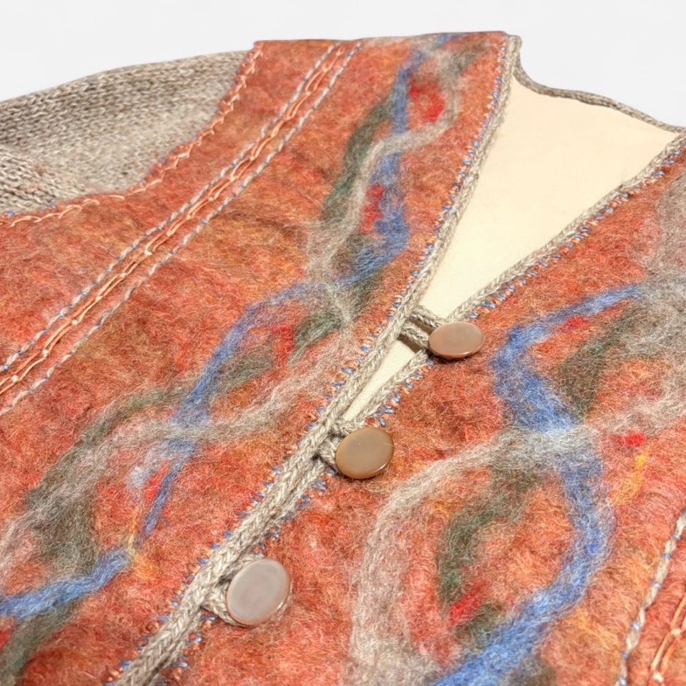 Women's Whimsical Rust Patterned Wool Blend Artisinal Cardigan Size S/M - Picture 5 of 9